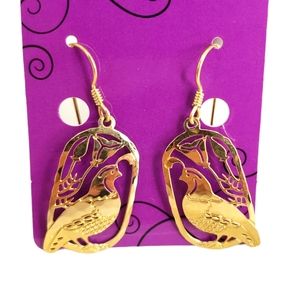 Bird Cut Out Gold Tone Ear Wire Earrings Hammered Look Lightweight